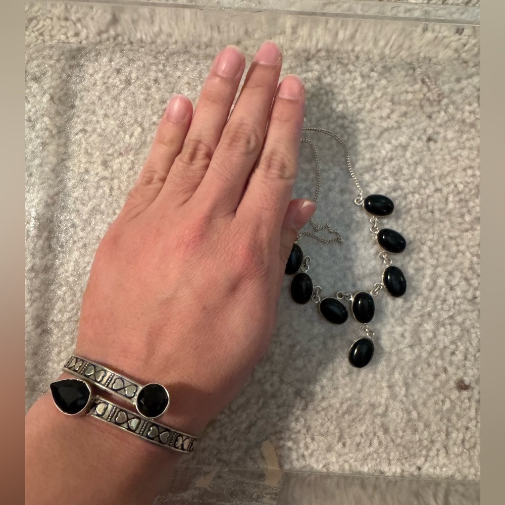 Black Onyx Bib Necklace & Bangle Bracelet Set 925 Silver